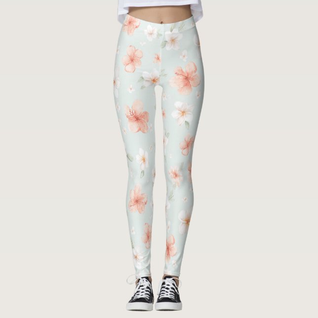 Legging Flores de Hibisco Brancas de Pêssego Tropical (Frente)