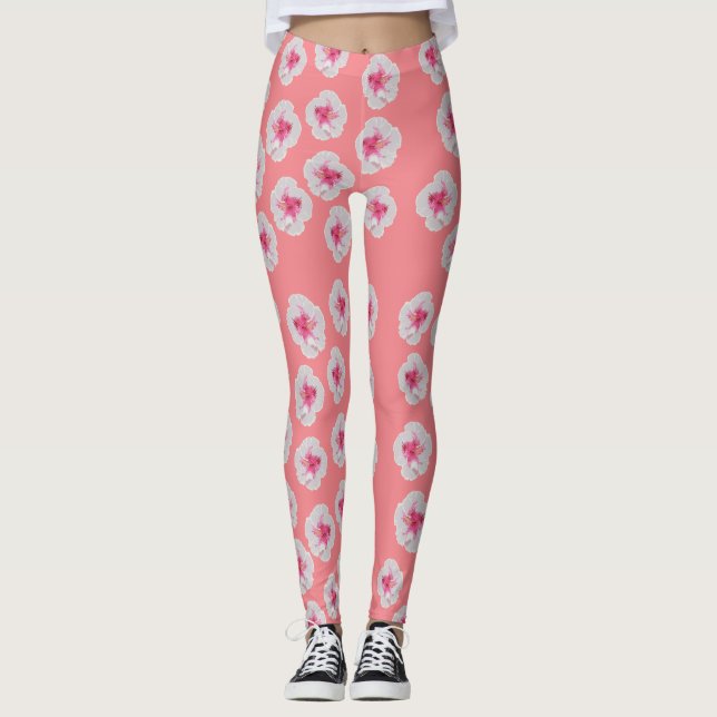 Legging Flores de Hibisco Branco Personalizadas (Frente)