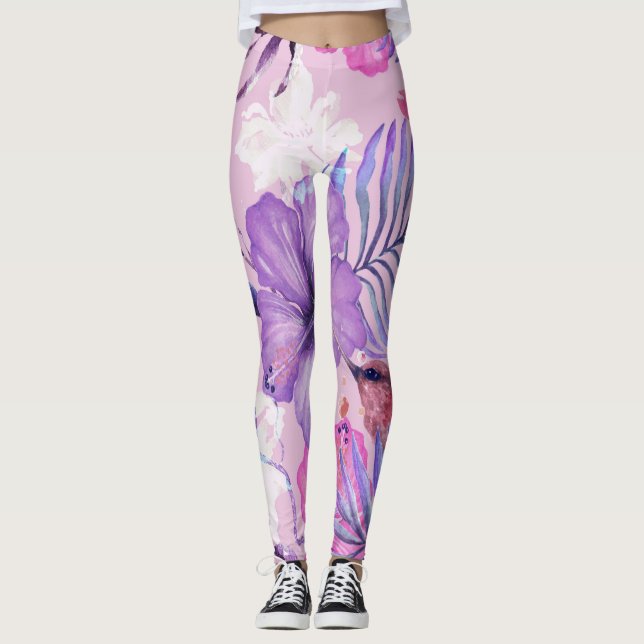 Legging Flores de hibisco e beija-flor: sem soldadura roxa (Frente)