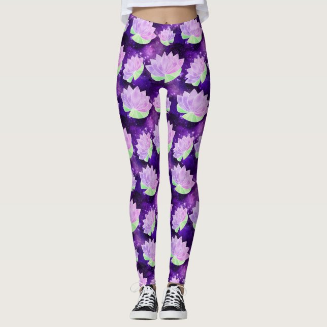 Legging Flores de lótus roxas de gema cósmico Galáxia Impr (Frente)
