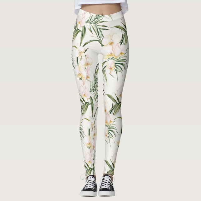 Legging Flores De Orquídeas Brancas Tropicais (Frente)
