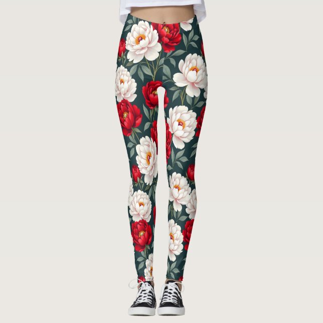 Legging Flores de peônia vermelhas e brancas (Frente)