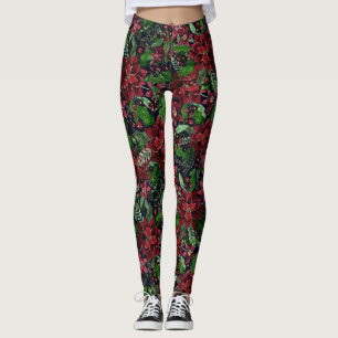 Legging Flores de Poinsettia da Borgonha de Natal