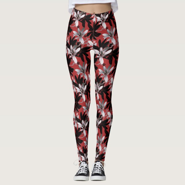 Legging Flores de Prata Branca Elegante Borgonha (Frente)