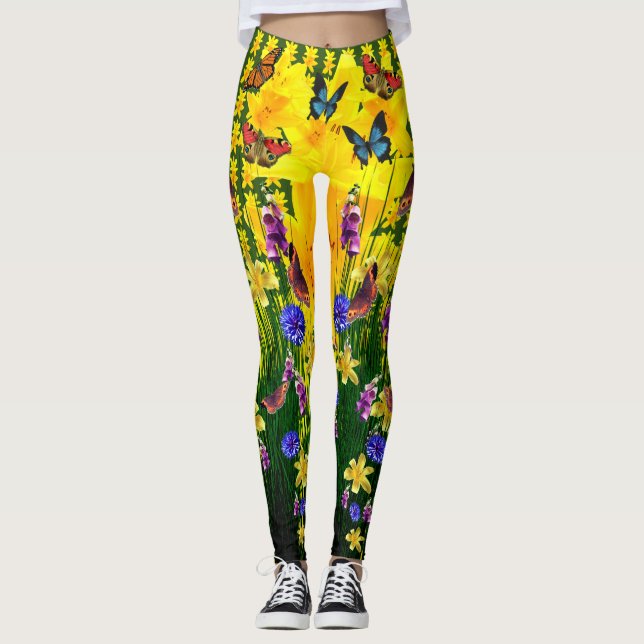 Legging Flores de primavera da Borboleta Verde Artsy (Frente)