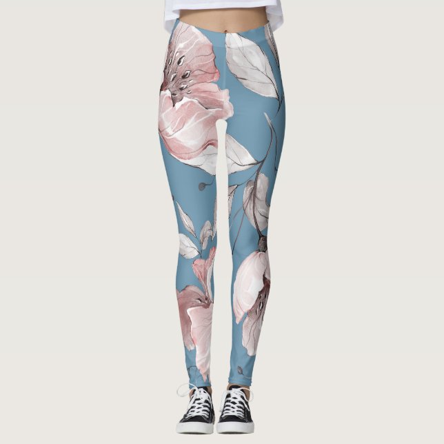 Legging Flores de primavera, folhas, design sem costura (Frente)