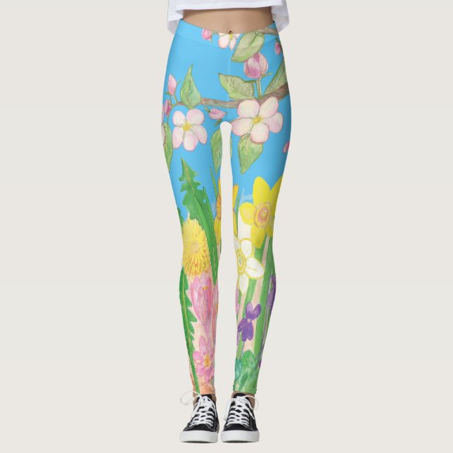 Legging Flores de primavera Vivas e Brilhantes que Radiam  (Frente)