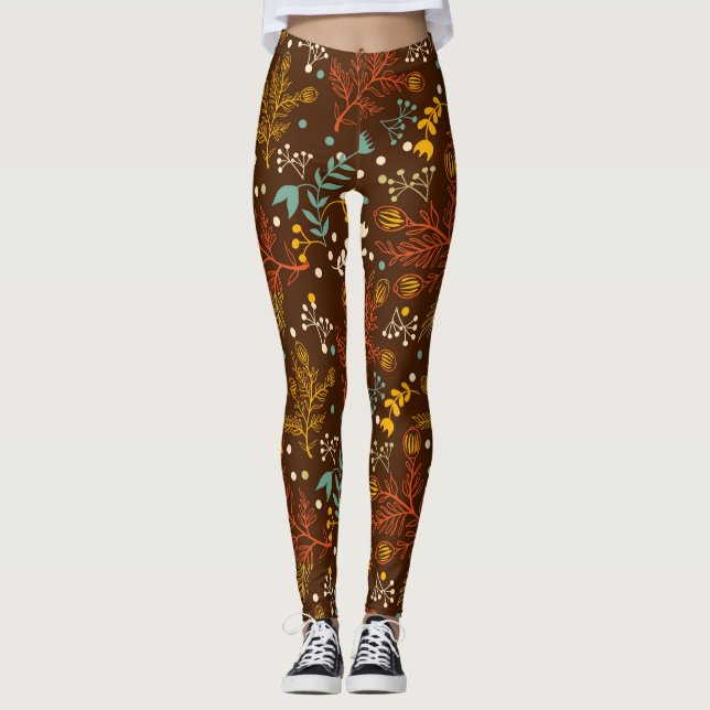 Legging Flores de queda bonito em fundo marrom rico (Frente)