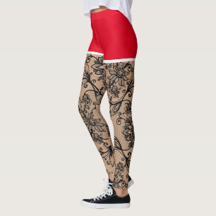 Legging Flores de rendas pretas falsas vermelhos