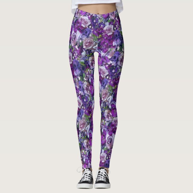 Legging Flores de Rosa Lilás Violeta Jardim (Frente)
