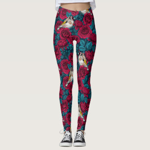 Legging Flores de rosa vermelha e aves-pintadas