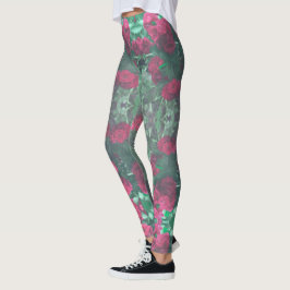 Legging Flores de Rosas vermelhas Verdes Pálidas Deixam Fl