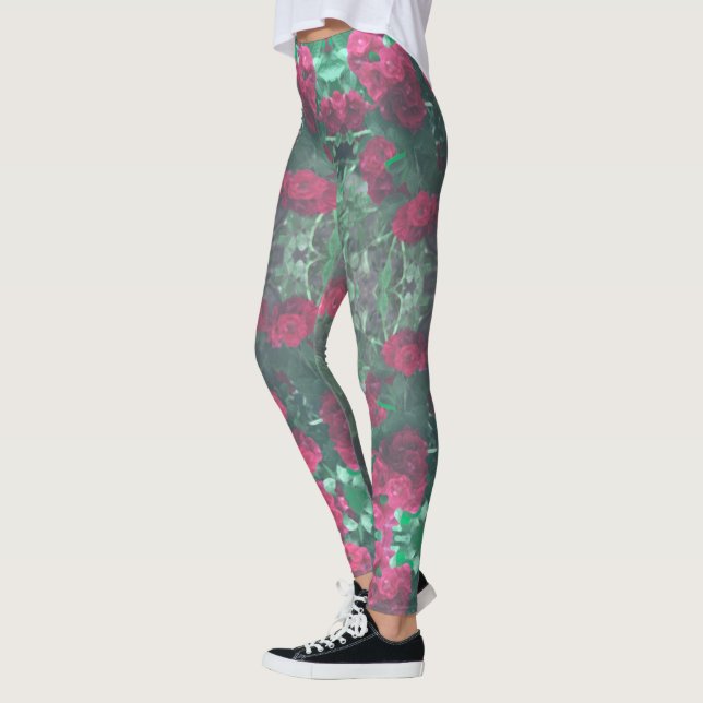 Legging Flores de Rosas vermelhas Verdes Pálidas Deixam Fl (Esquerda)