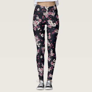 Legging Flores de Sakura Rosa Negra, Design de padrão,