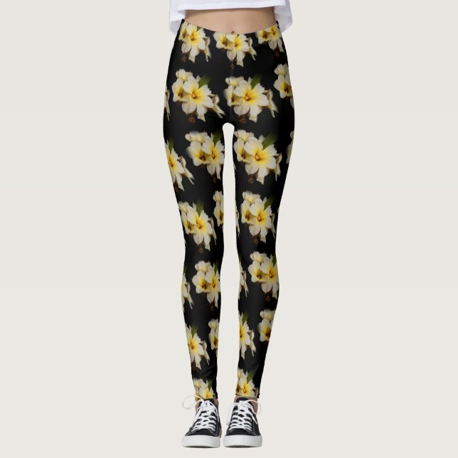 Legging Flores de Satin Elegantes em Preto (Frente)