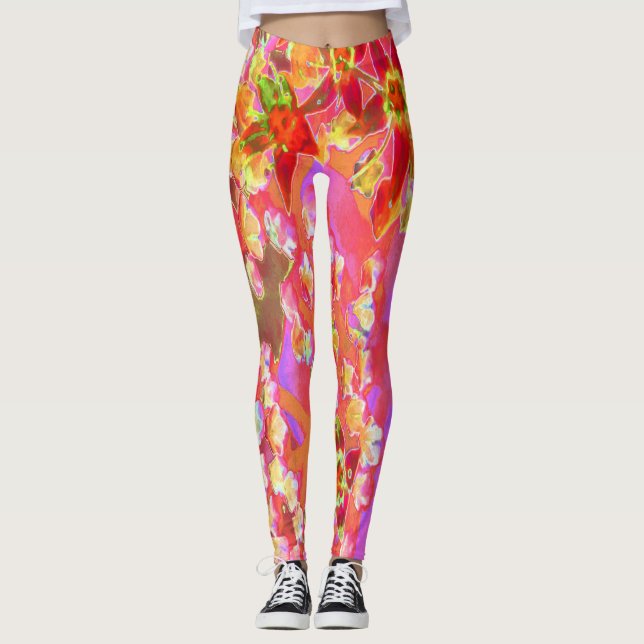 Legging Flores de Sedum Suculentas Vermelhas em Laranja Qu (Frente)