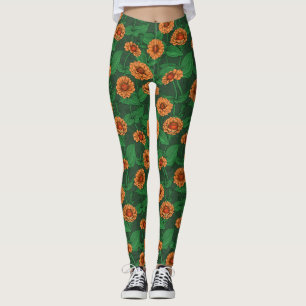 Legging Flores de Zinnia laranja, folhas verdes em verde e