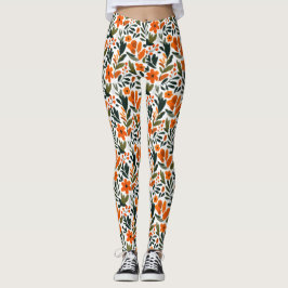 Legging Flores Delicadas da Primavera Padrão Floral Laranj