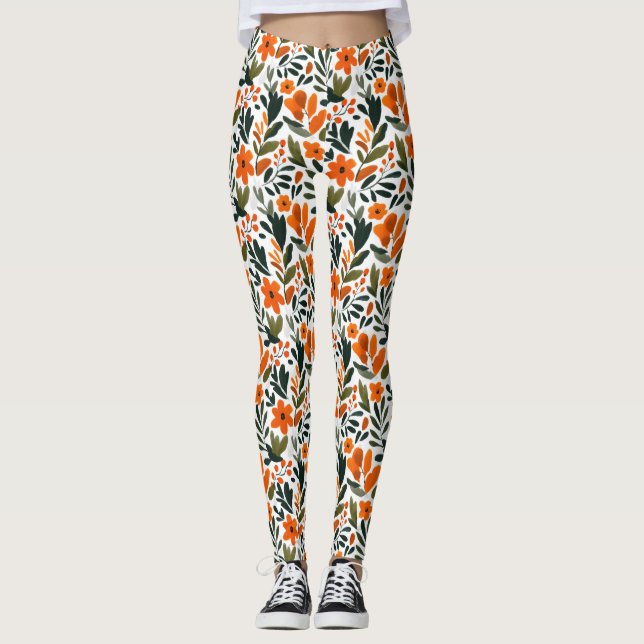 Legging Flores Delicadas da Primavera Padrão Floral Laranj (Frente)