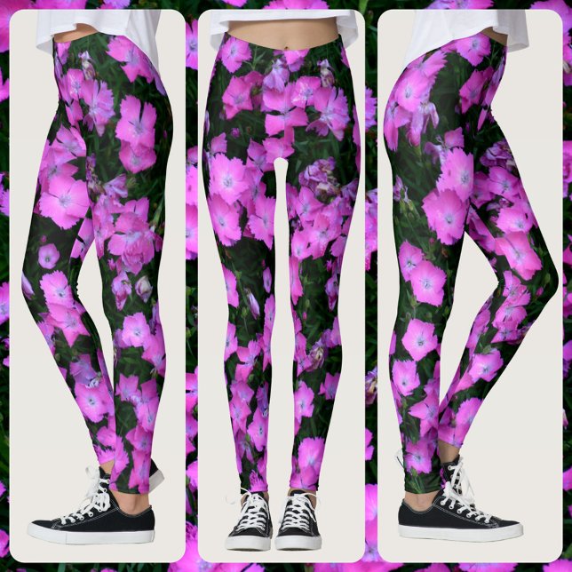 Legging Flores Dianthus Rosa Brilhante e Floral Verde (Criador carregado)