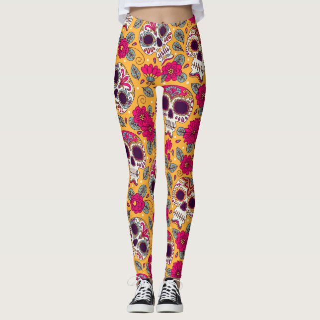 Legging Flores do crânio: Fundo do Dia Mexicano (Frente)