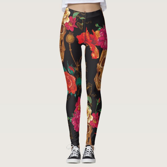 Legging Flores Do Crânio: Fundo Escuro Sem Olhos. (Frente)