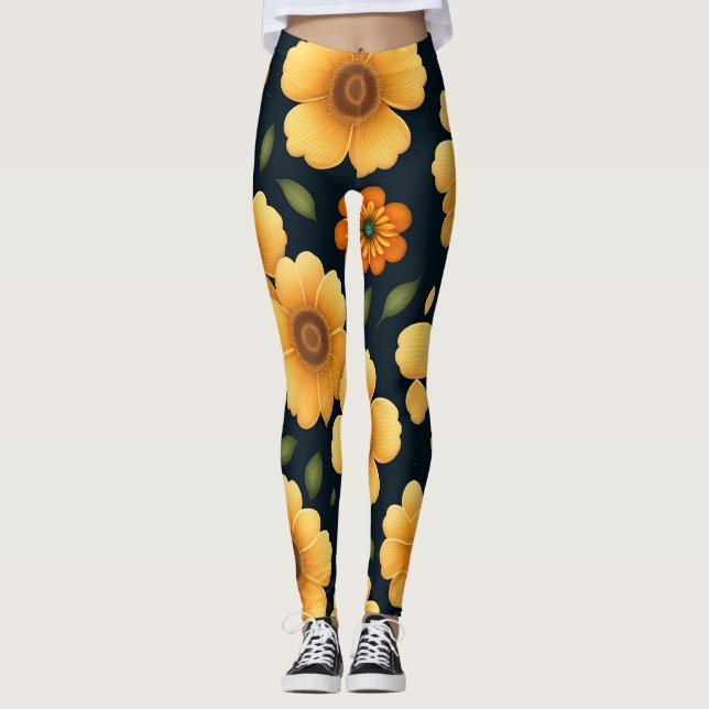 Legging Flores do nariz Flor Amarelo Padrão Floral (Frente)