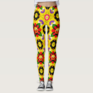 Legging Flores e Abelhas Sorridentes de Desenho Animado