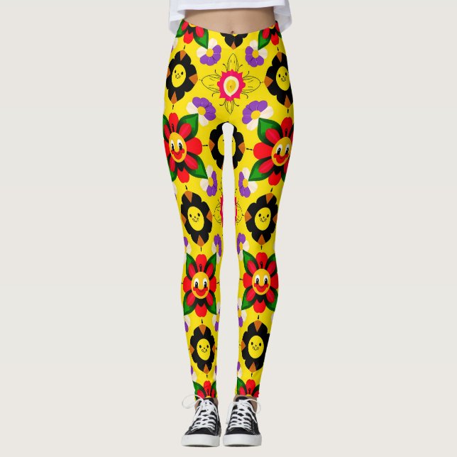 Legging Flores e Abelhas Sorrindo de Desenho Animado (Frente)