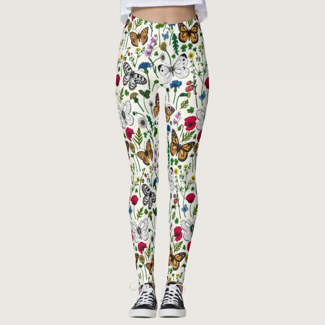 Legging Flores e borboletas selvagens em branco (Frente)