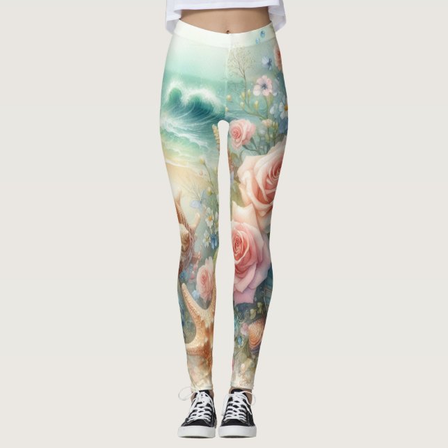 Legging Flores e conchas aquáticas em cores pastéis (Frente)