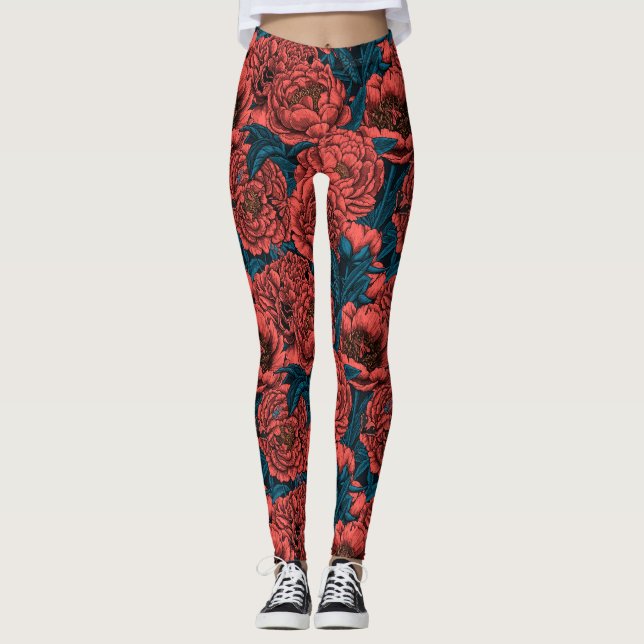 Legging Flores e mariposas de ervilhas vermelhas (Frente)