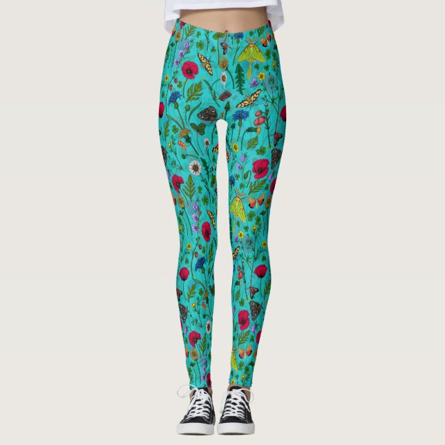 Legging Flores e mariposas selvagens em teal (Frente)