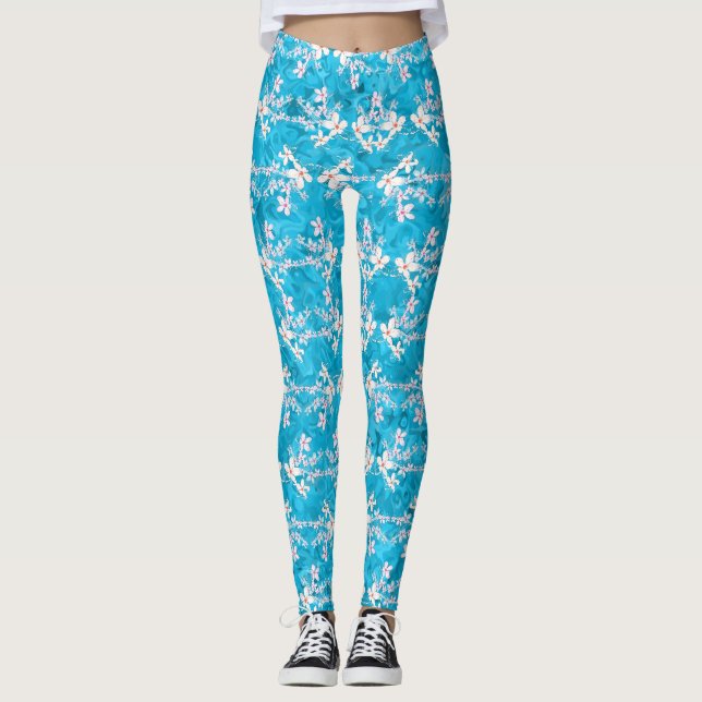 Legging Flores elegantes sakura japonesas em padrão azul (Frente)