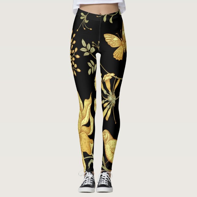 Legging Flores Exóticas — Pássaros — Padrão Vintage (Frente)