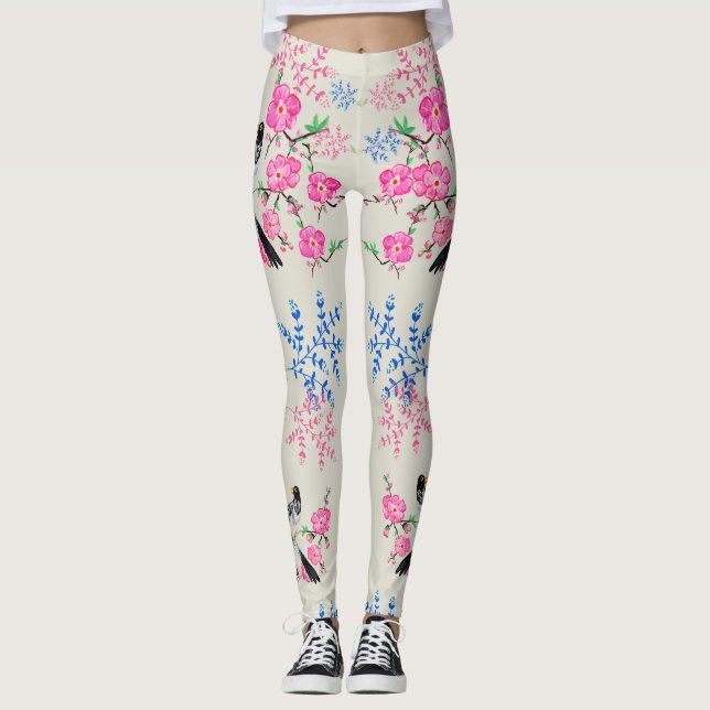 Legging Flores Florais De na moda Pearl Aves Naturais (Frente)