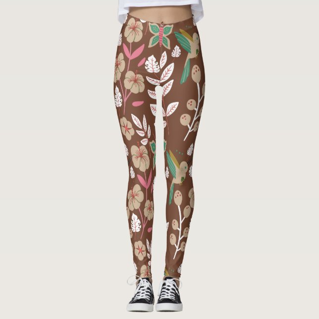 Legging Flores, flores, folhas, borboletas, sem costura, (Frente)