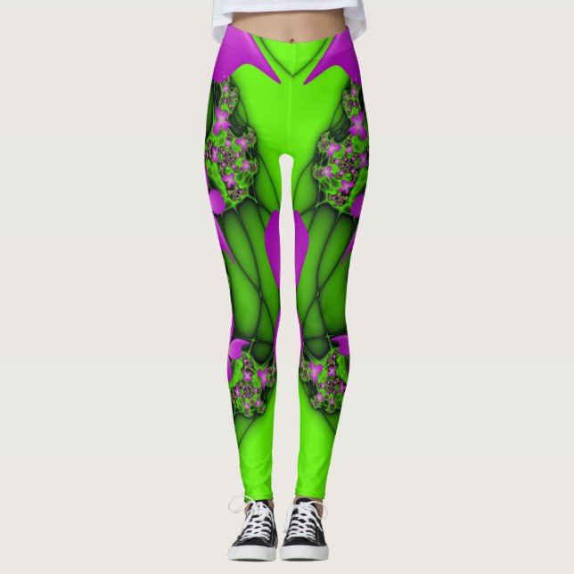 Legging Flores Fractais Verdes Rosa-Rosa-Abstrato modernas (Frente)