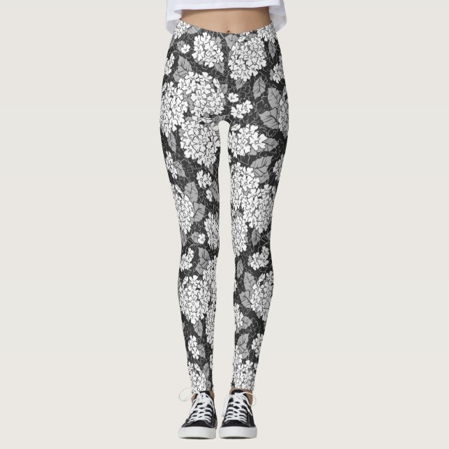 Legging Flores Hydrangea.Padrão floral preto e branco (Frente)