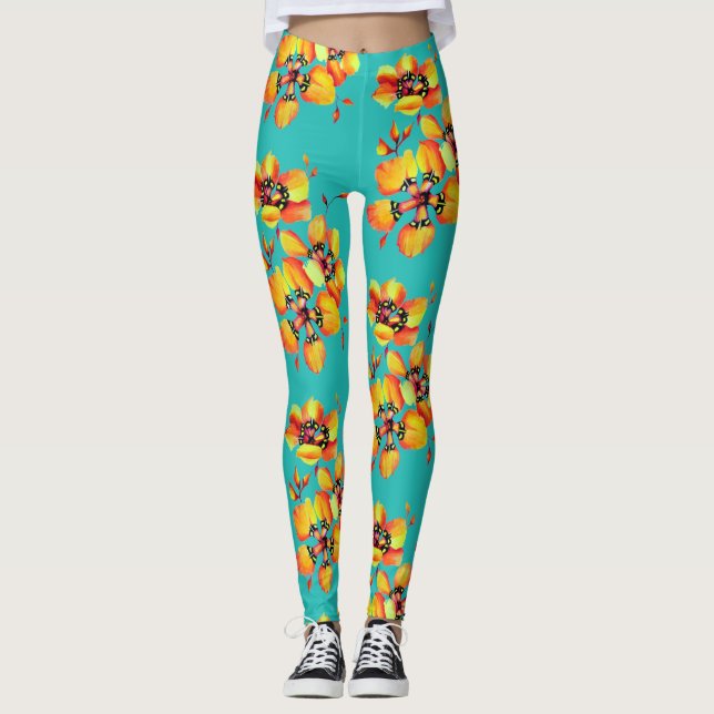 Legging Flores Laranja Brilhantes - Aqua (Frente)