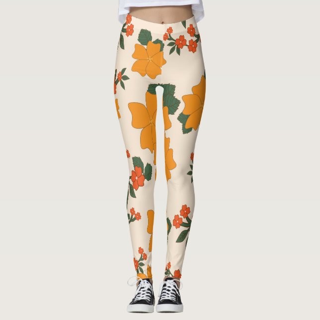 Legging Flores Laranja, Padrão Floral, Padrão De Flores (Frente)