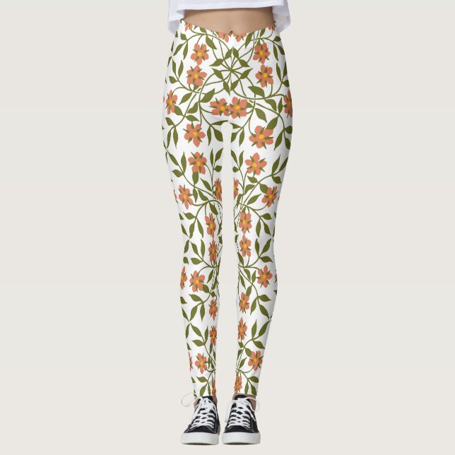 Legging Flores Laranja, Padrão Floral, Verde, Boho (Frente)