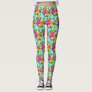 Legging Flores Modernas Multicoloridas em Azul Claro