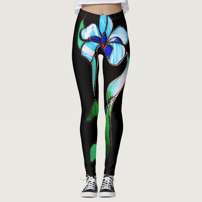 Legging Flores néon verdes azuis a preto (Frente)