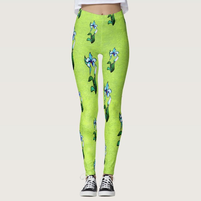 Legging Flores néon verdes azuis em verde-abstrato (Frente)
