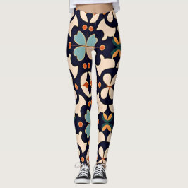 Legging Flores Padrão Floral Isométrico Azul Beige