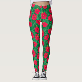 Legging Flores Red Hibiscus em Folhas Tropicais Verdes
