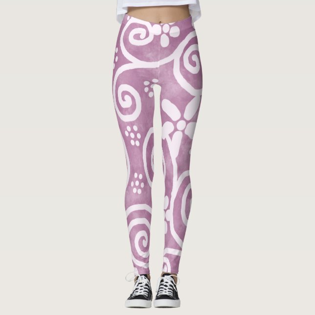 Legging Flores Redemoinhos Padrão Rosa Branco Empoeirado C (Frente)