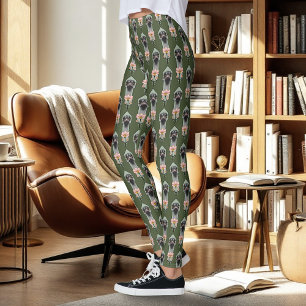 Legging Flores Rosa de Avestruz Verde Oliva Art Déco