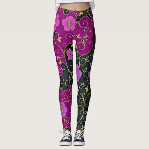 Legging Flores Rosa Elegantes Com Folhas Douradas E Rochas